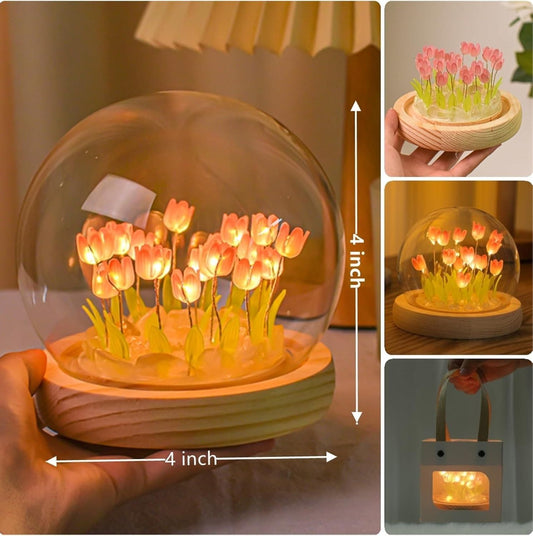 Round Tulip Night Light – Handmade LED Glass Dome Lamp