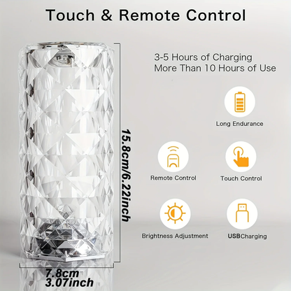 Crystal Touch Control Rechargeable Rose-Diamond Table Lamp – 16 RGB Colors, Remote & Touch Control